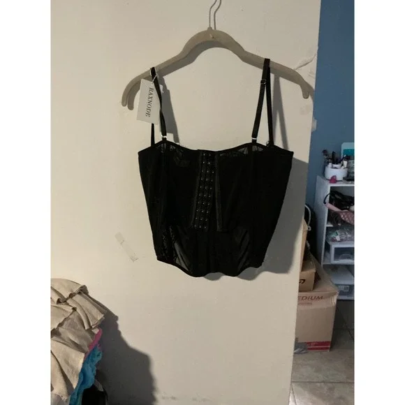 RAXNODE Black Lace Corset Top Hook Eye Front Mesh Bustier Adjustable Straps NWT - Picture 3 of 3
